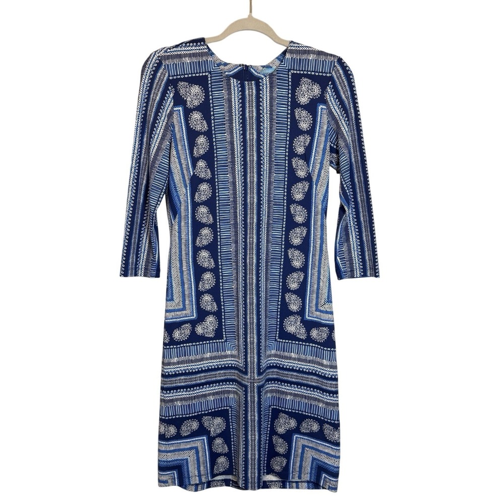 J.McLaughlin Catalina Sheath Dress Women XS Blue Paisley Geometric 3/4 Sleeve
